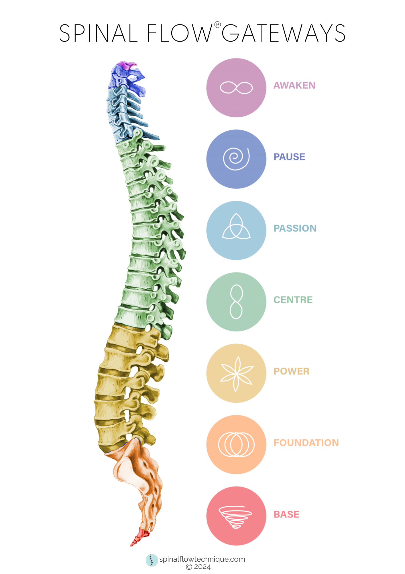 The seven Spinal Flow Gateways along the spine: Awaken, Pause, Passion, Centre, Power, Foundation and Base